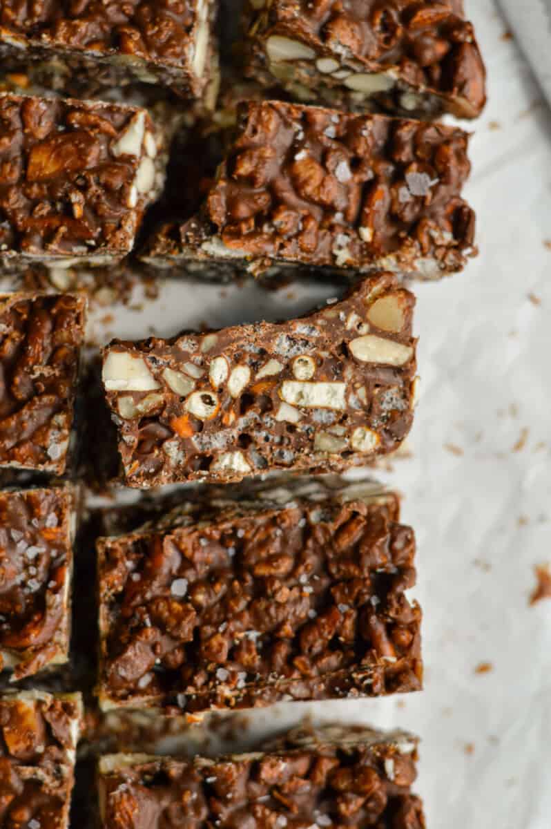 Birds eye of peanut butter crunch bars with a cross section.