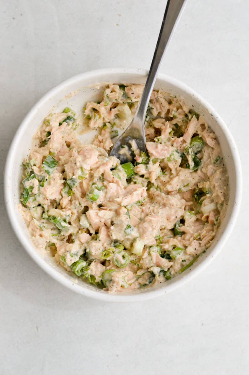Mixed tuna dip in a bowl.