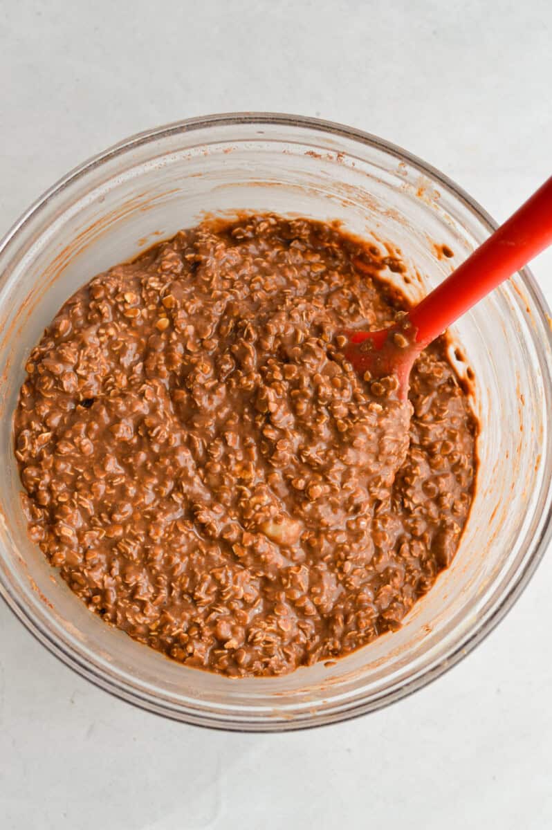 Add in oats, chocolate protein powder, cocoa powder, baking powder, and salt and stir until fully combined. Add chocolate chips and mix once more.