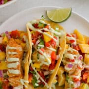 Birds eye of three fish tacos with mango sauce, served with avocado lime crema on top.