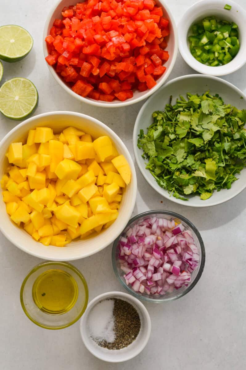 Ingredients including mango, cilantro, red onion, lime, red pepper, jalapeno, olive oil and seasoning.