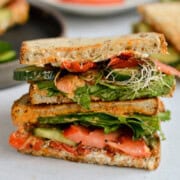 Cross section of a veggie mediterranean sandwich.