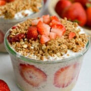 Jar of berry crumble chia pudding.