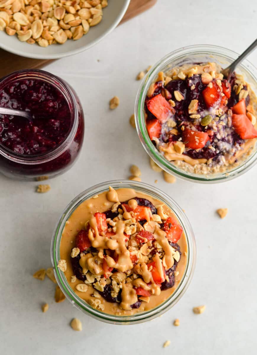 Birds eye of PB and J overnight oats.