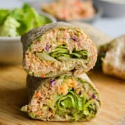 Cross section of chicken salad wraps stacked.