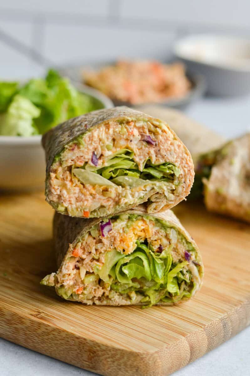 Cross section of chicken salad wraps stacked.