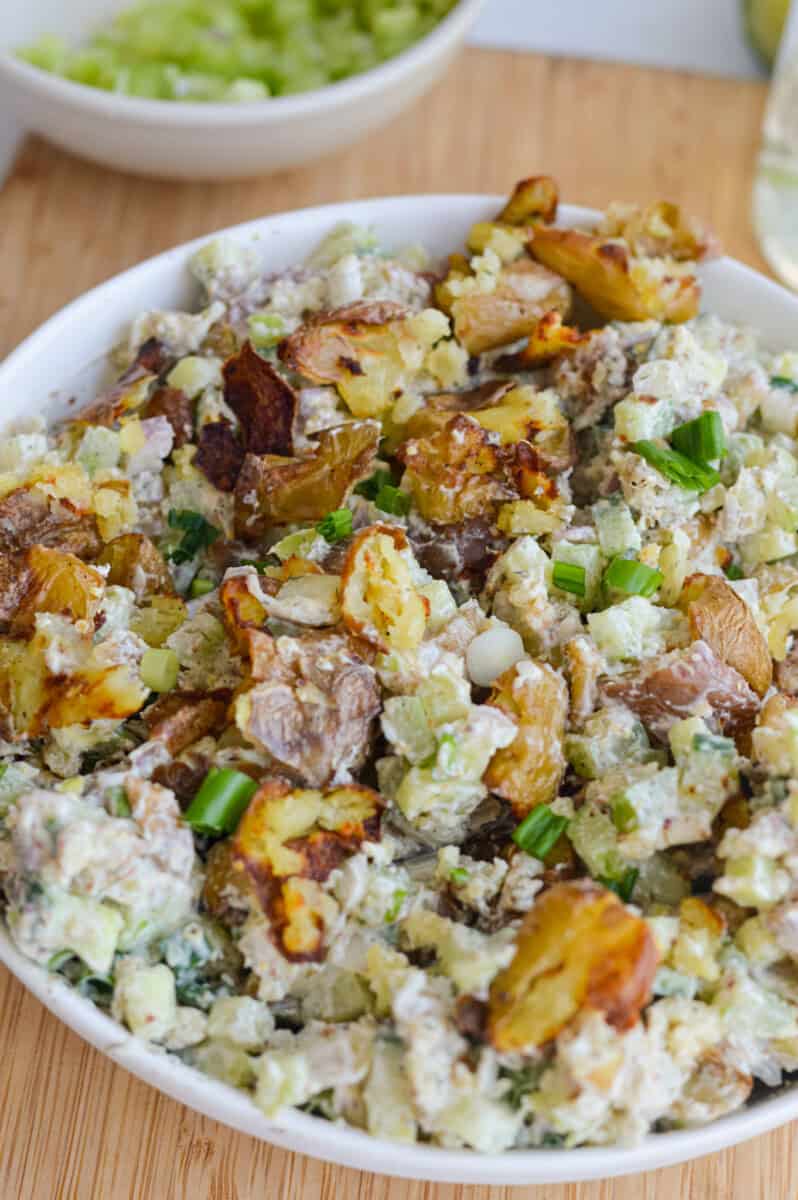 Close up of smashed potato salad.