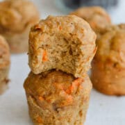 Two healthy breakfast muffins stacked.