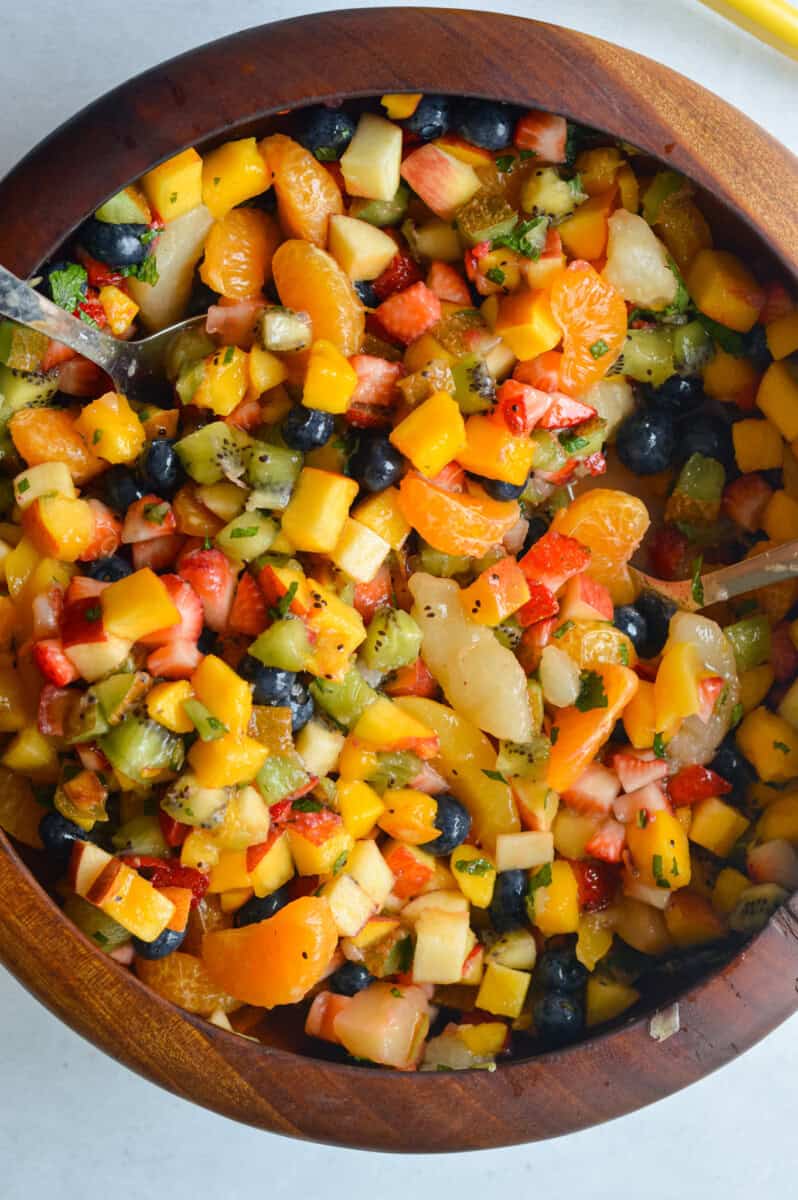 Birds eye view of mixed fruit cocktail salad.