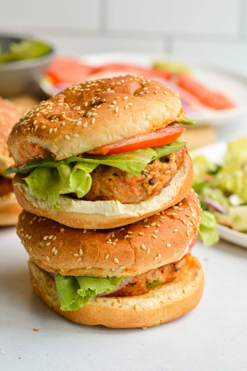 Two stacked spicy chicken burgers.