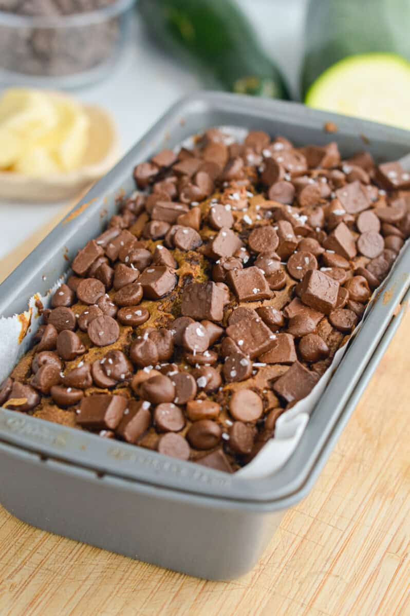 Close up of baked chocolate chip zucchini loaf.
