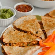 black bean and BBq chicken quesadilla on a plate