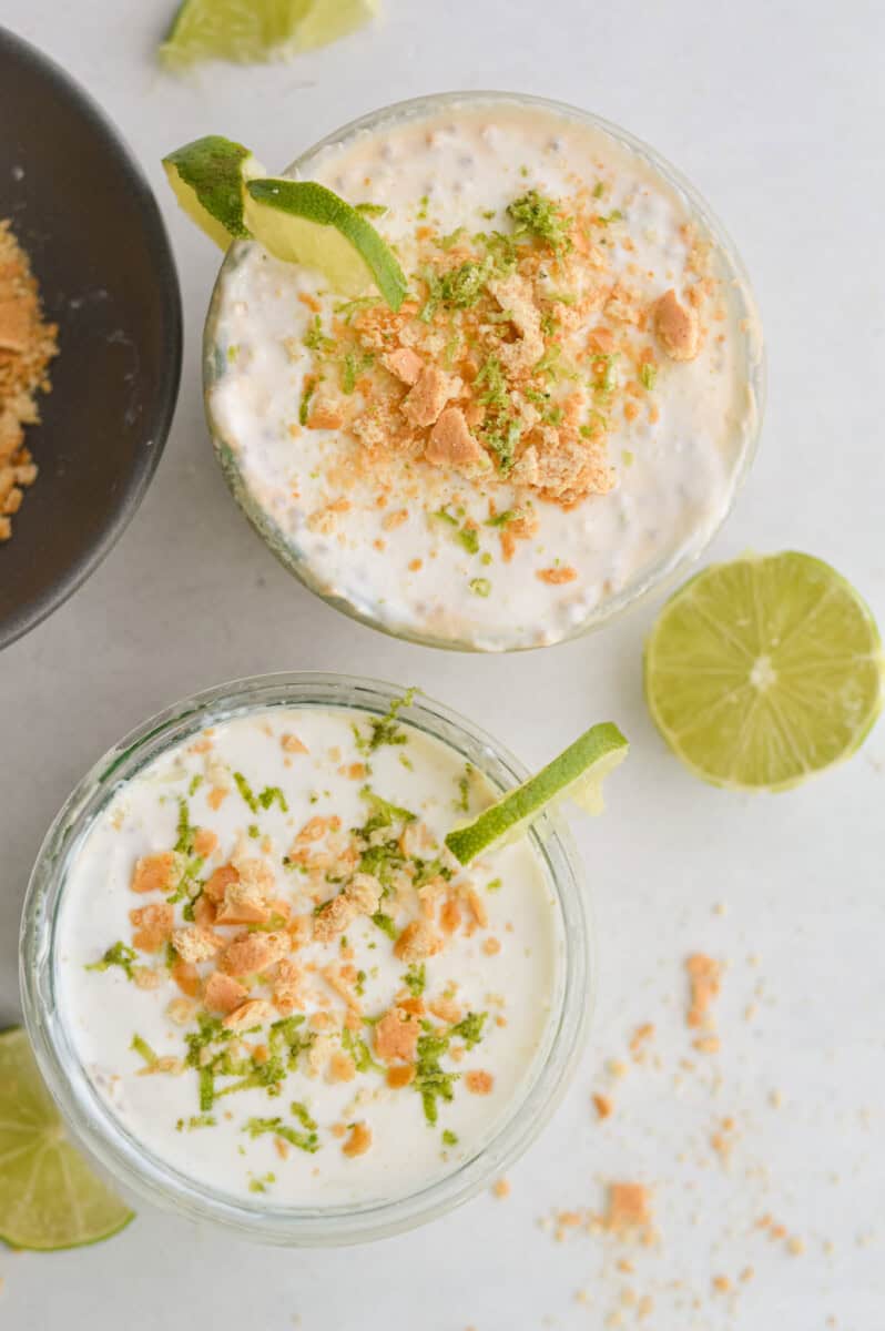 Birds eye of two jars of key lime pie oats.