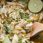 Close up of crockpot green chili chicken.