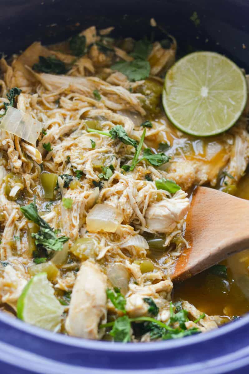 Close up of crockpot green chili chicken.