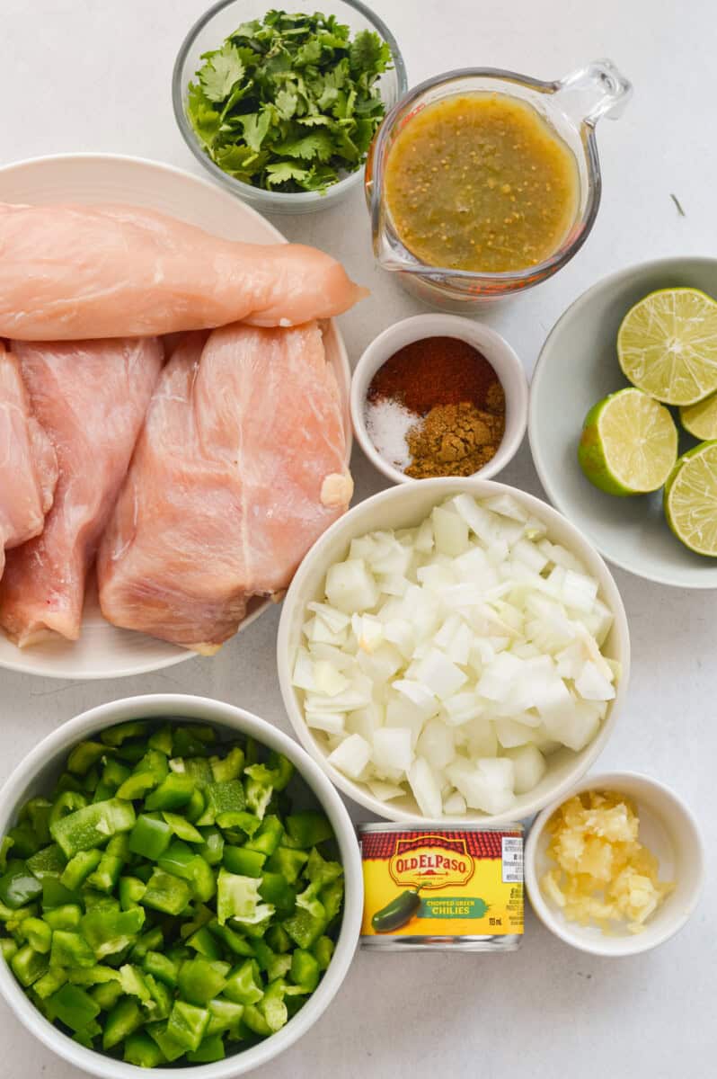 Ingredients including chicken breast, onion, herbs, lime, spices, green chili and salsa verde.