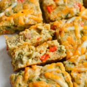 Close up of high protein egg bars, with one sliced in half.