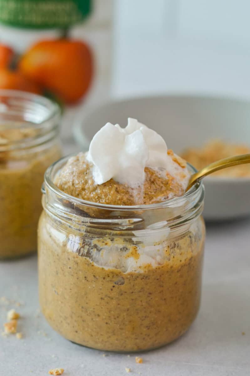Eating spoonfuls of pumpkin pie chia pudding.