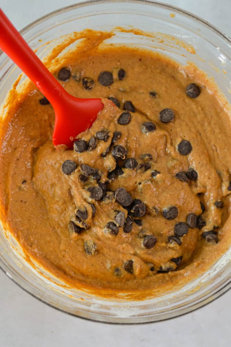 Once combined, add protein pancake mix, pumpkin pie spice and cinnamon. Stir well. 
