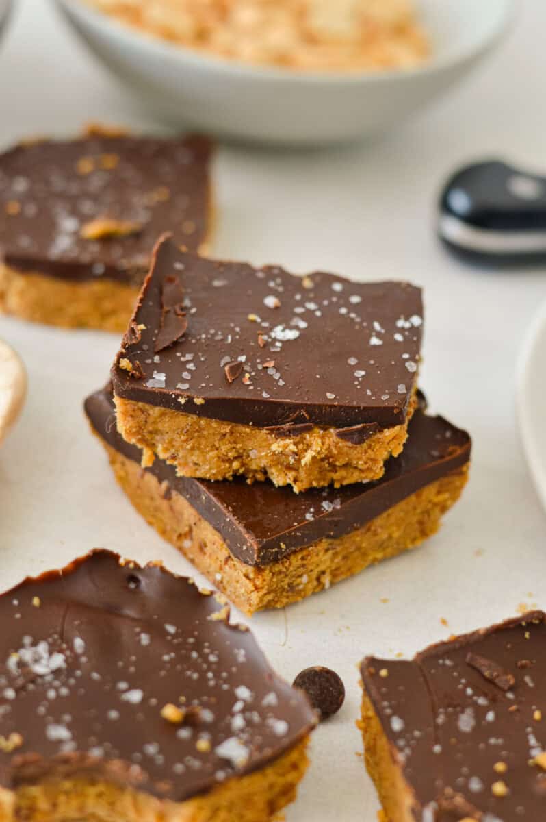 Slices of chocolate peanut butter protein bars.