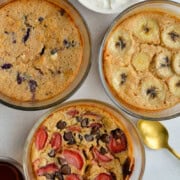 Birds eye of three protein pancake bowls.