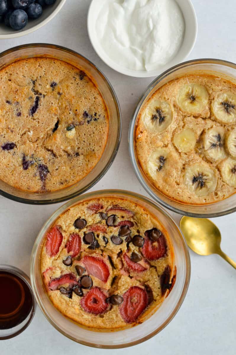 Birds eye of three protein pancake bowls.