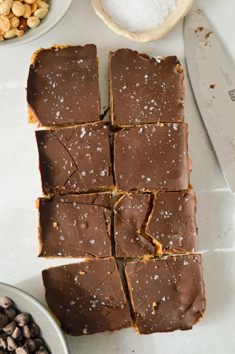 Slicing peanut butter protein bars.