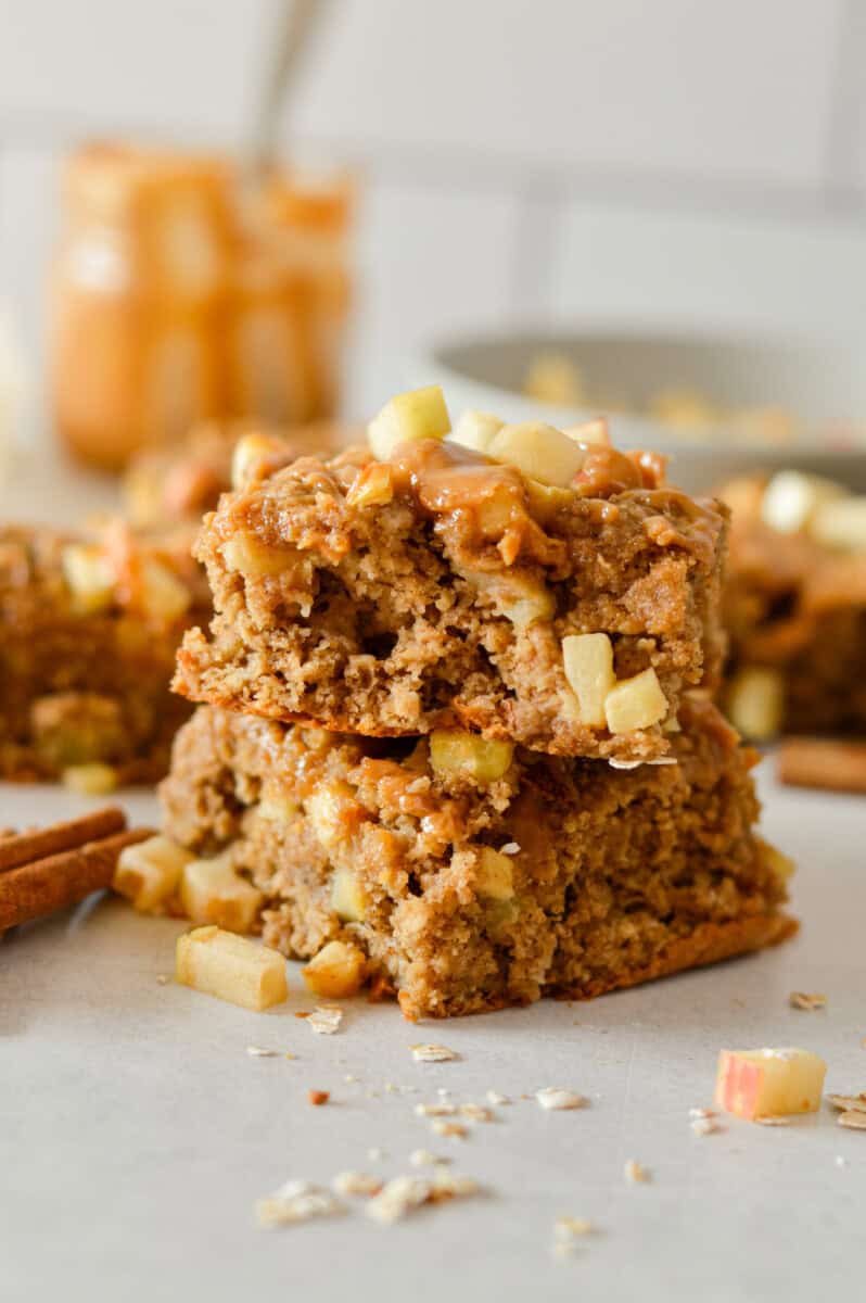 Two stacked apple oat bars.