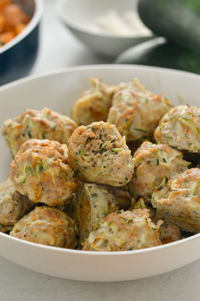 Bowl of cooked turkey zucchini meatballs.