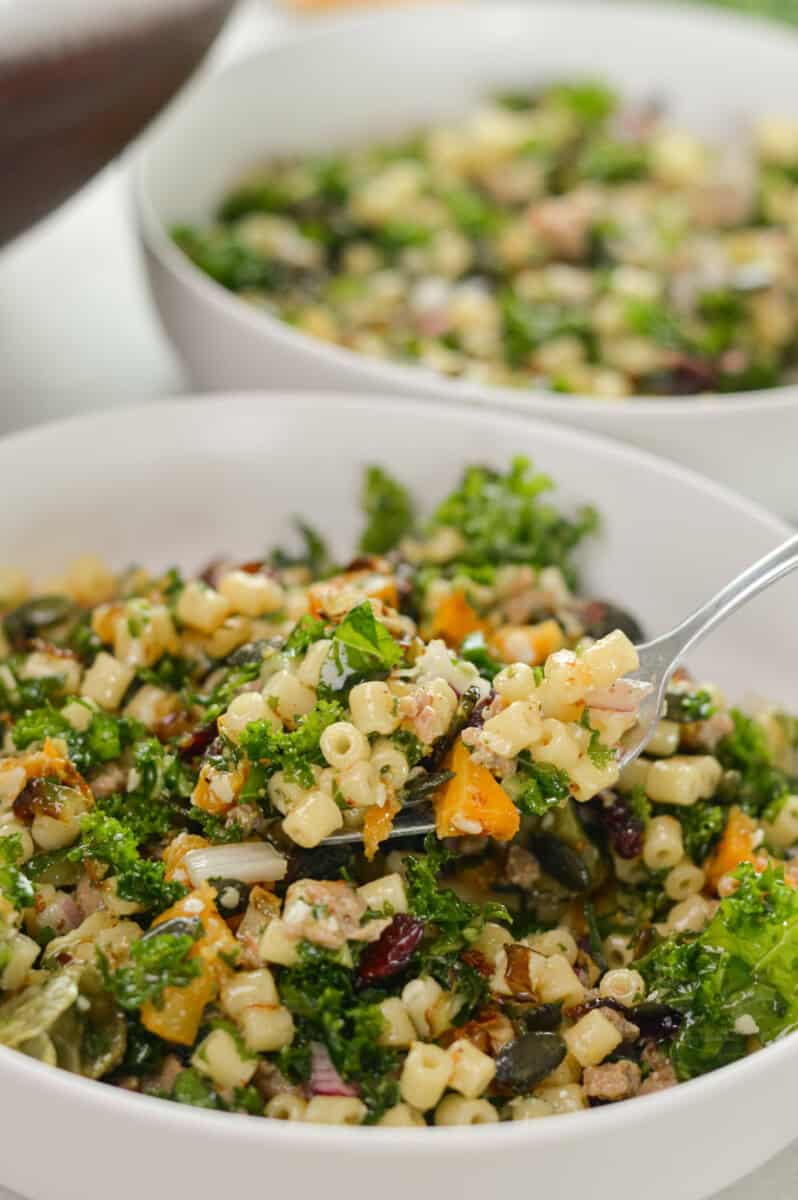 Serving a bowl of fall pasta salad.