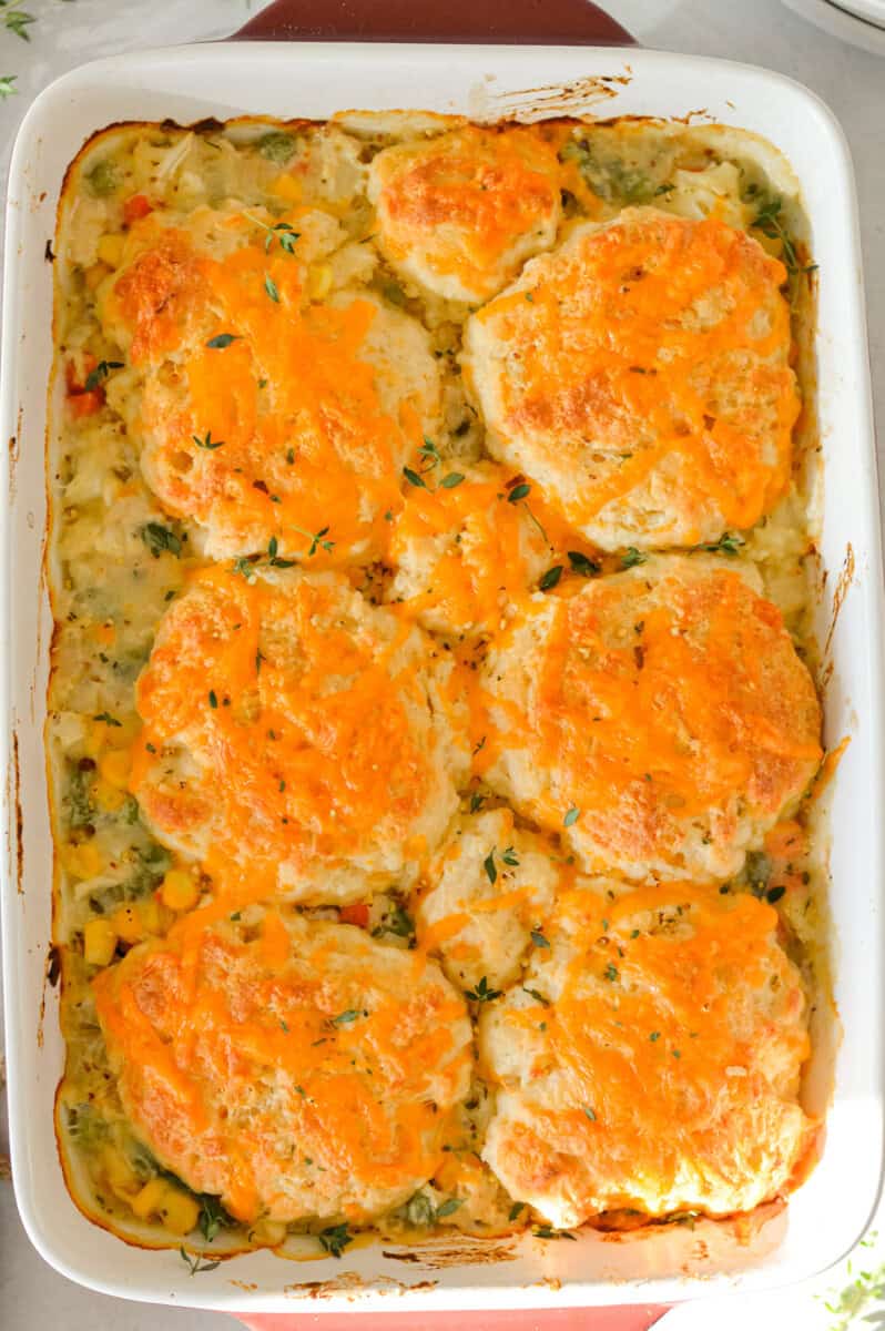 Birds eye of baked biscuit chicken pot pie casserole.