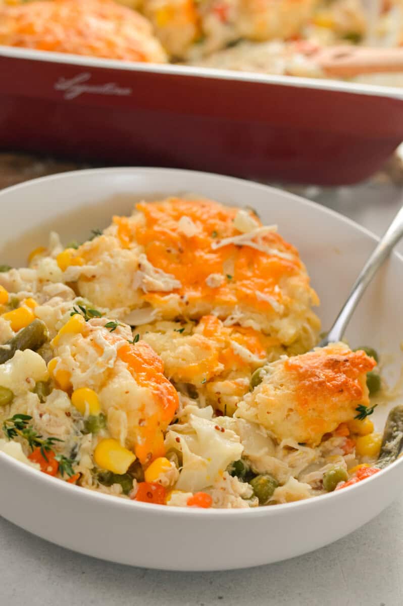 Bowl of biscuit chicken pot pie.
