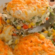 Serving a slice of biscuit chicken pot pie casserole.