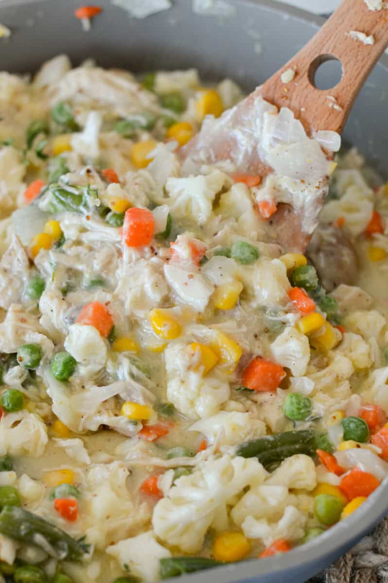 Close up of chicken pot pie filling in a pan.