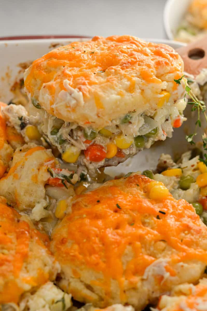 Serving a slice of biscuit chicken pot pie casserole.