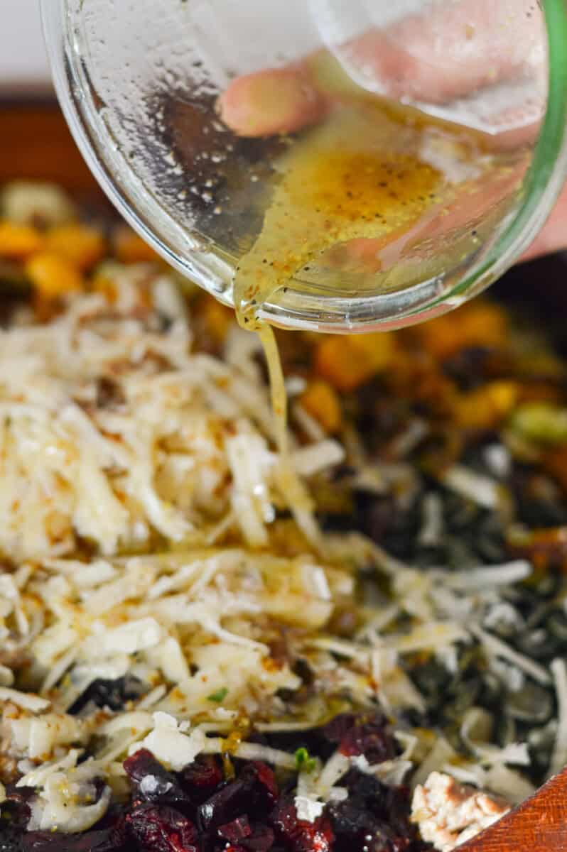 Dressing fall pasta salad with maple dijon vinaigrette.