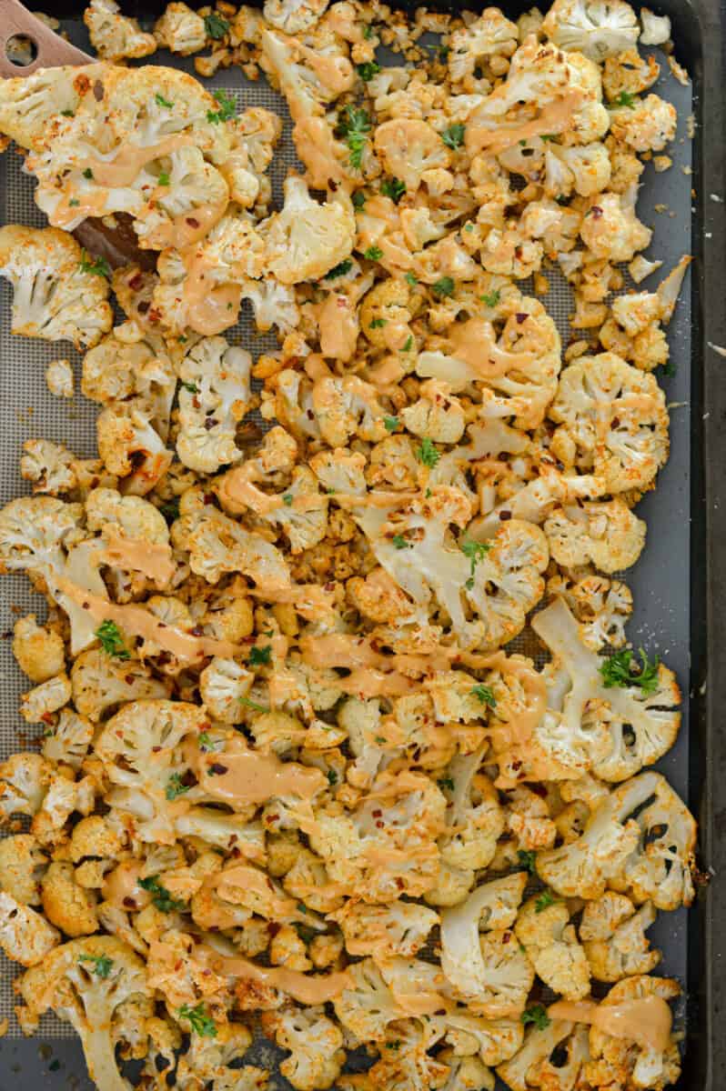 Tray of oven roasted cauliflower.