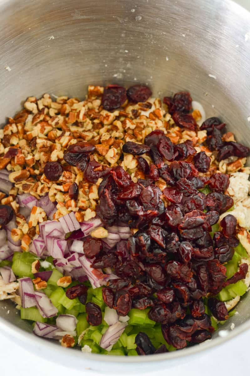 To a large mixing bowl, add shredded chicken, yogurt, mayonnaise, celery, red onion, cranberries, pecans and drizzle with lemon juice.
