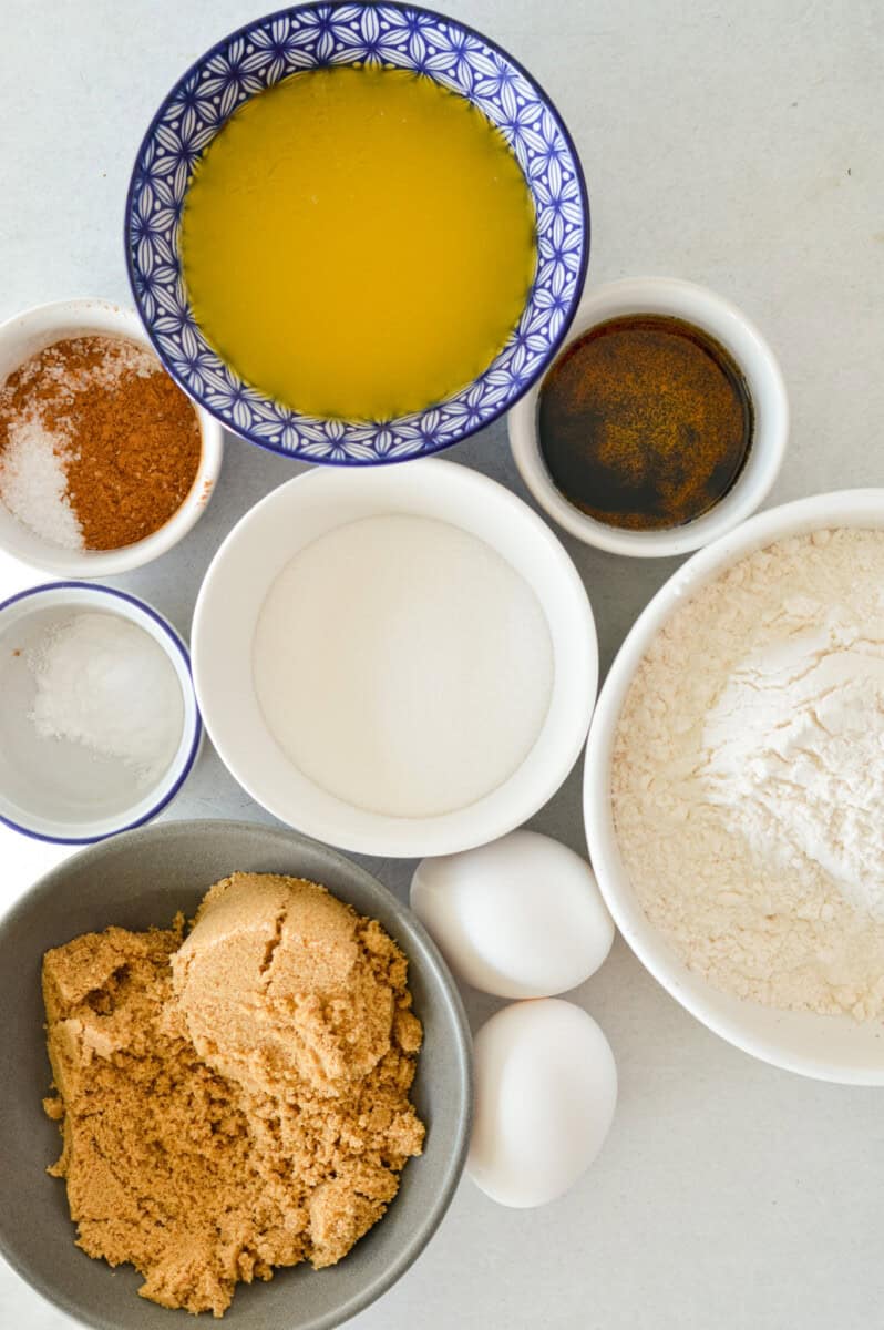 Ingredients including flour, sugar, brown sugar, butter, cinnamon, vanilla and eggs.
