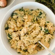 Birds eye of creamy mushroom chicken and rice in a bowl.