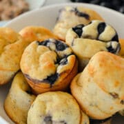 Bowl of pancake muffins made from mix.