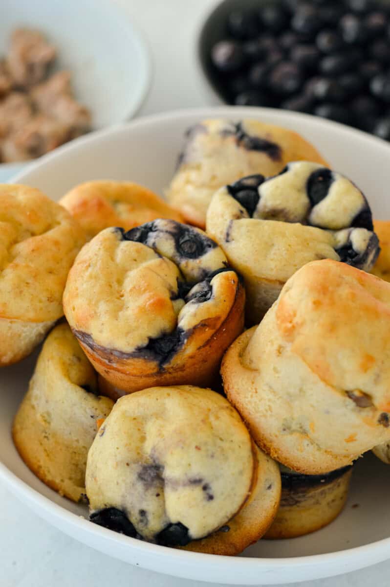 Bowl of pancake muffins made from mix.