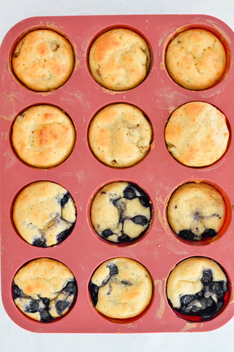 Tray of pancake muffins made from a mix.