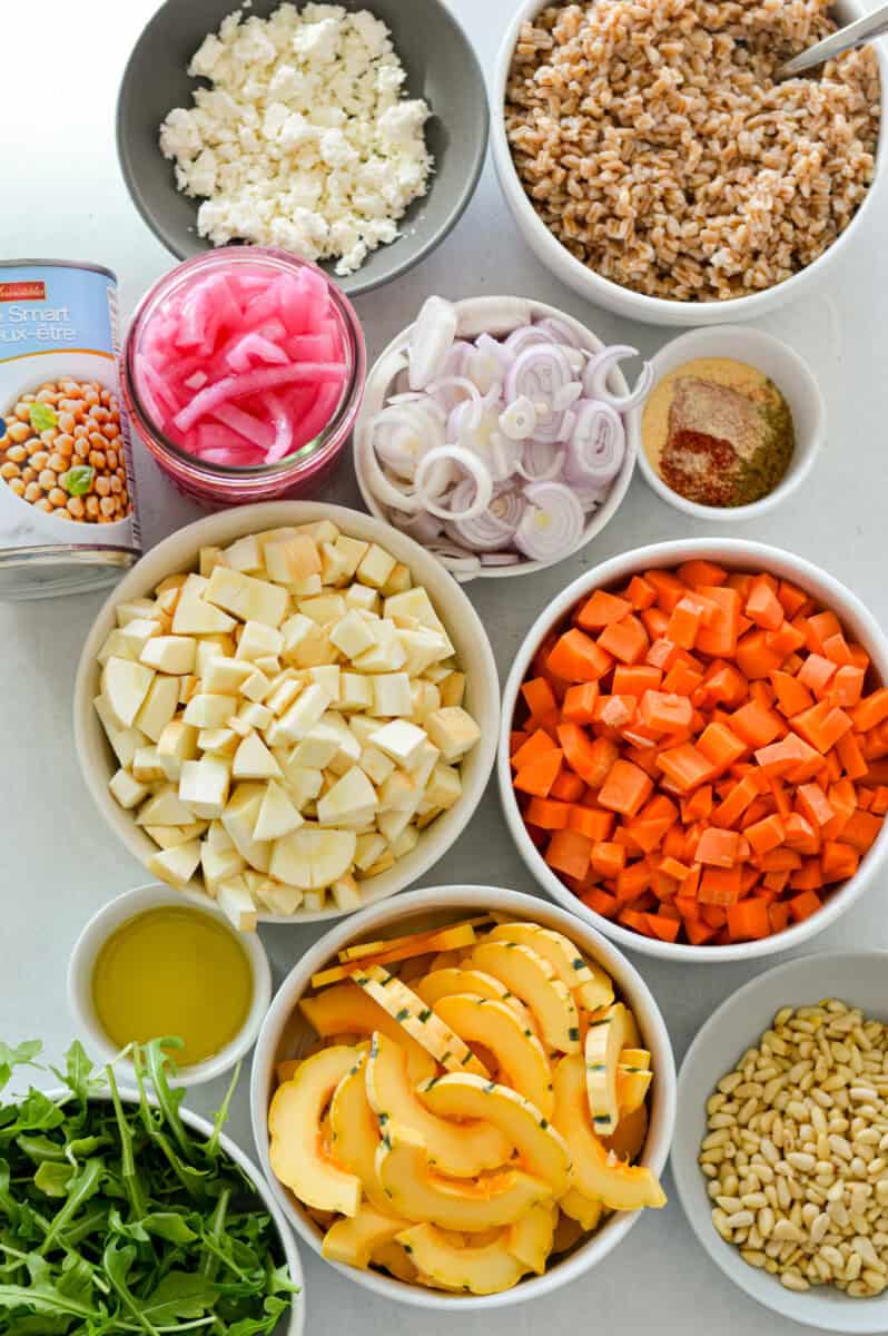 Ingredients including parsnips, carrots, squash, pine nuts, chickpeas, olive oil, red onion, feta, farro, arugula, shallots and pickled onions.