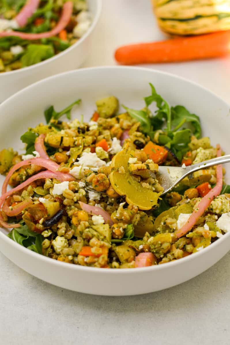 Bowl of warm roasted vegetable salad.
