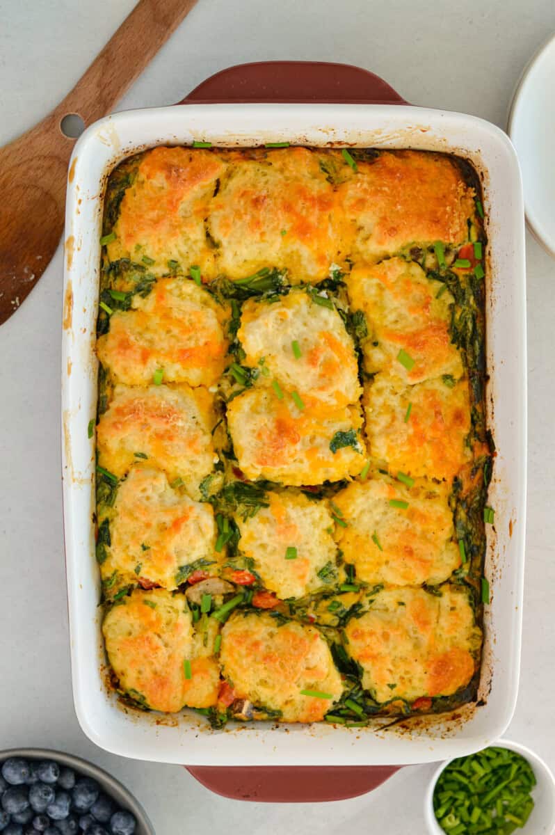 Birds eye of baked biscuit breakfast casserole.