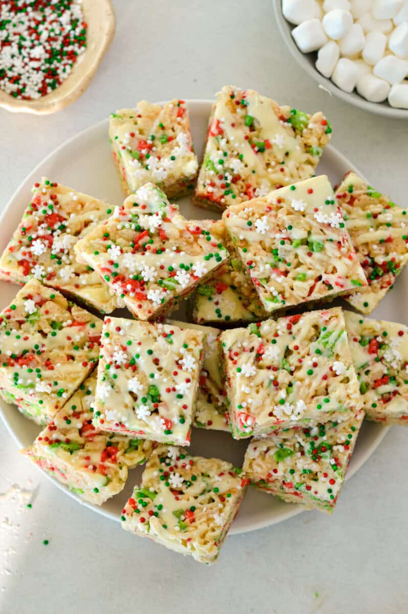 Birds eye of a plate of Christmas rice krispies treats.