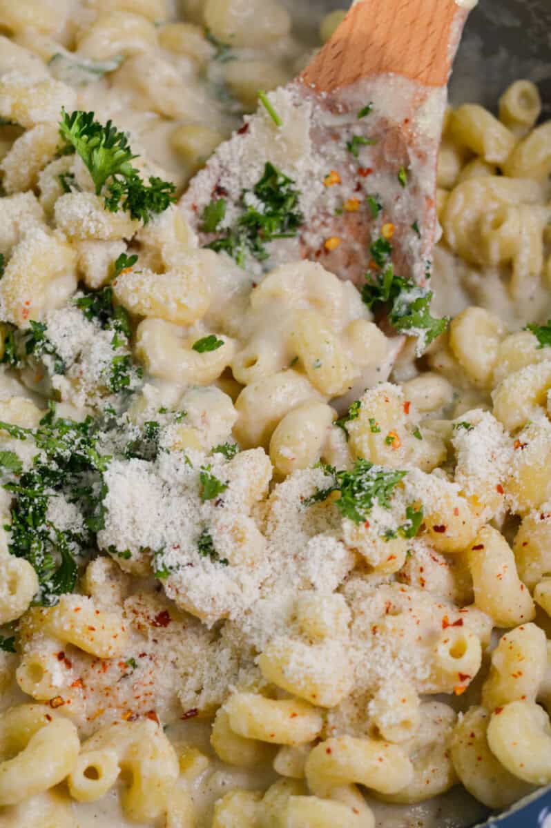 Close up of garlic parmesan pasta in a pan.
