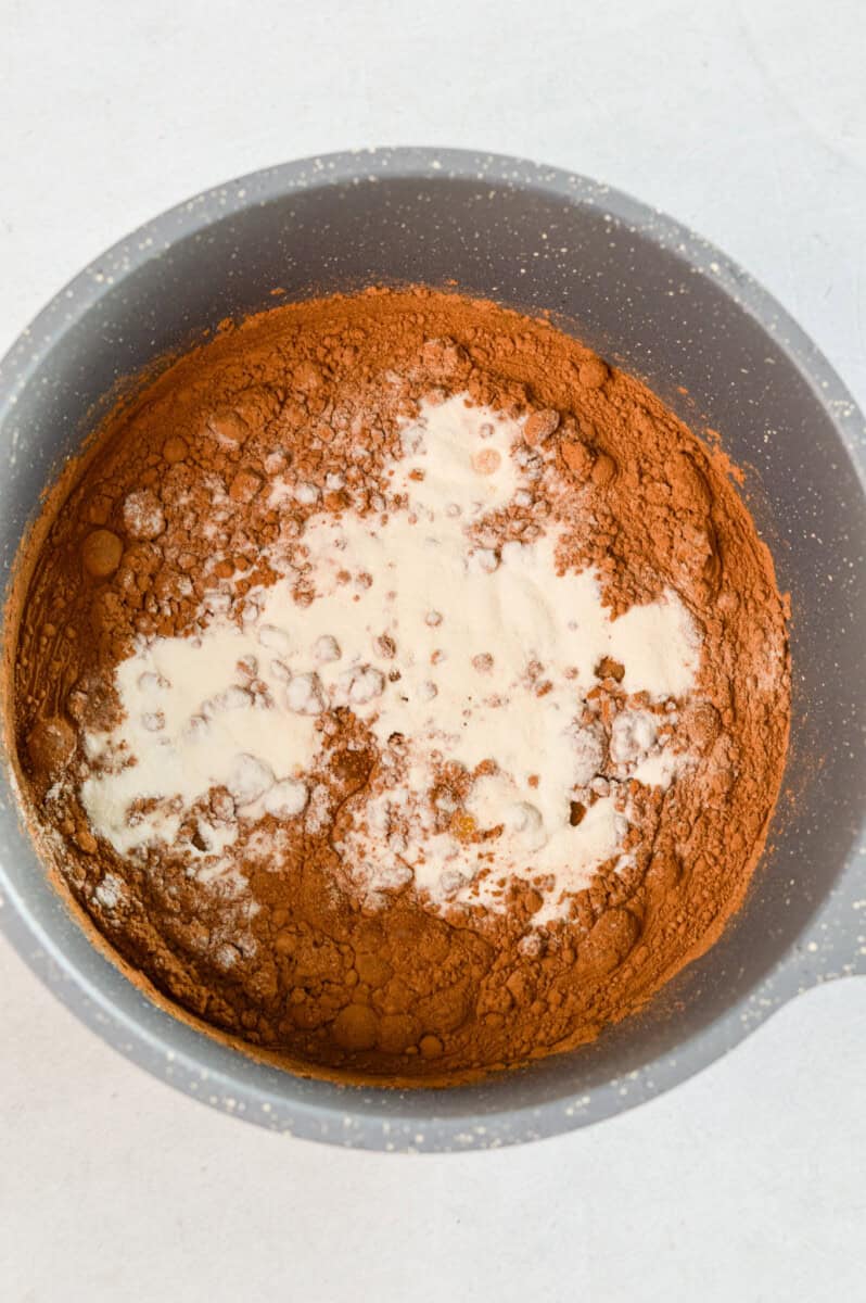 Adding protein powder, cocoa powder, maple syrup and milk to a saucepan.
