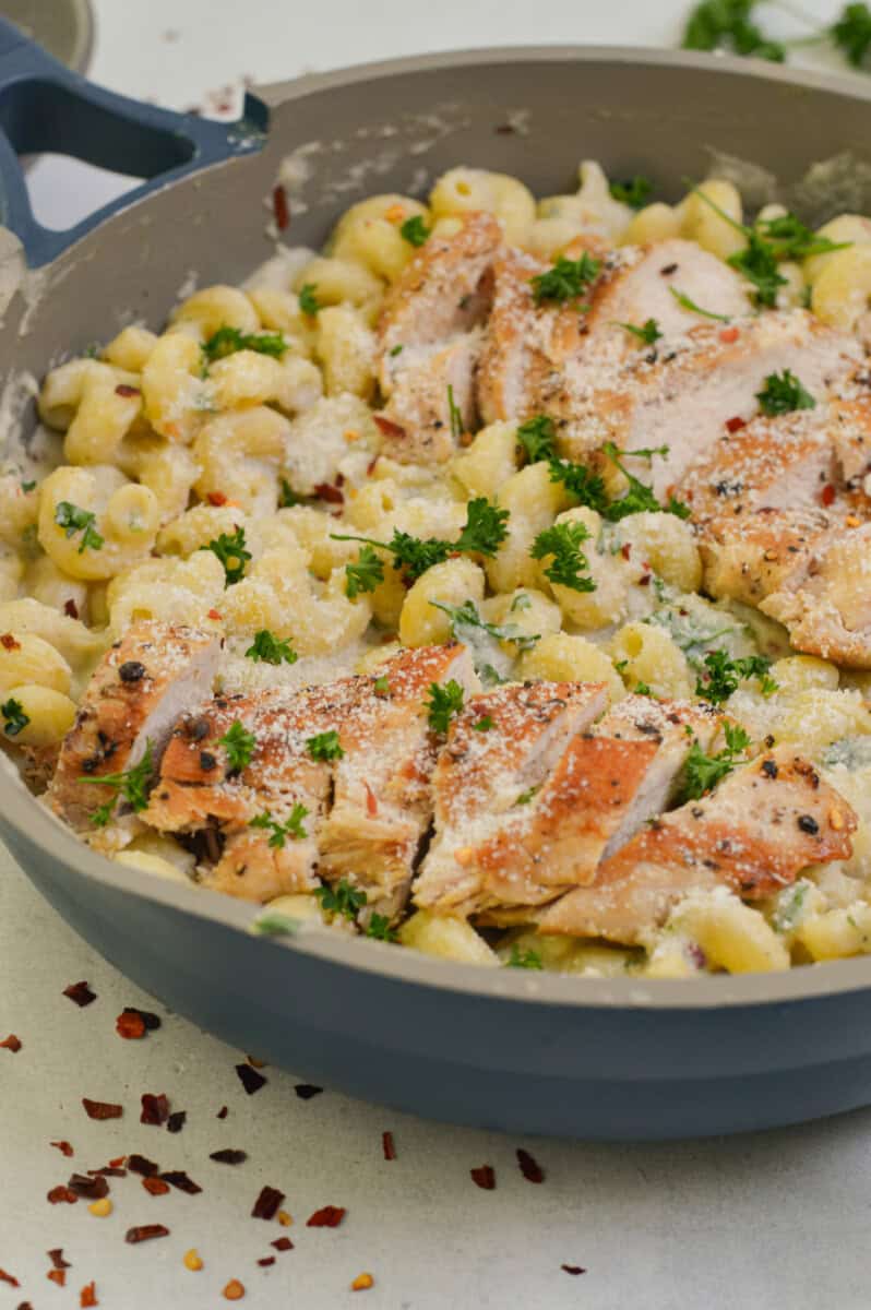 Pan with chicken garlic parmesan pasta.